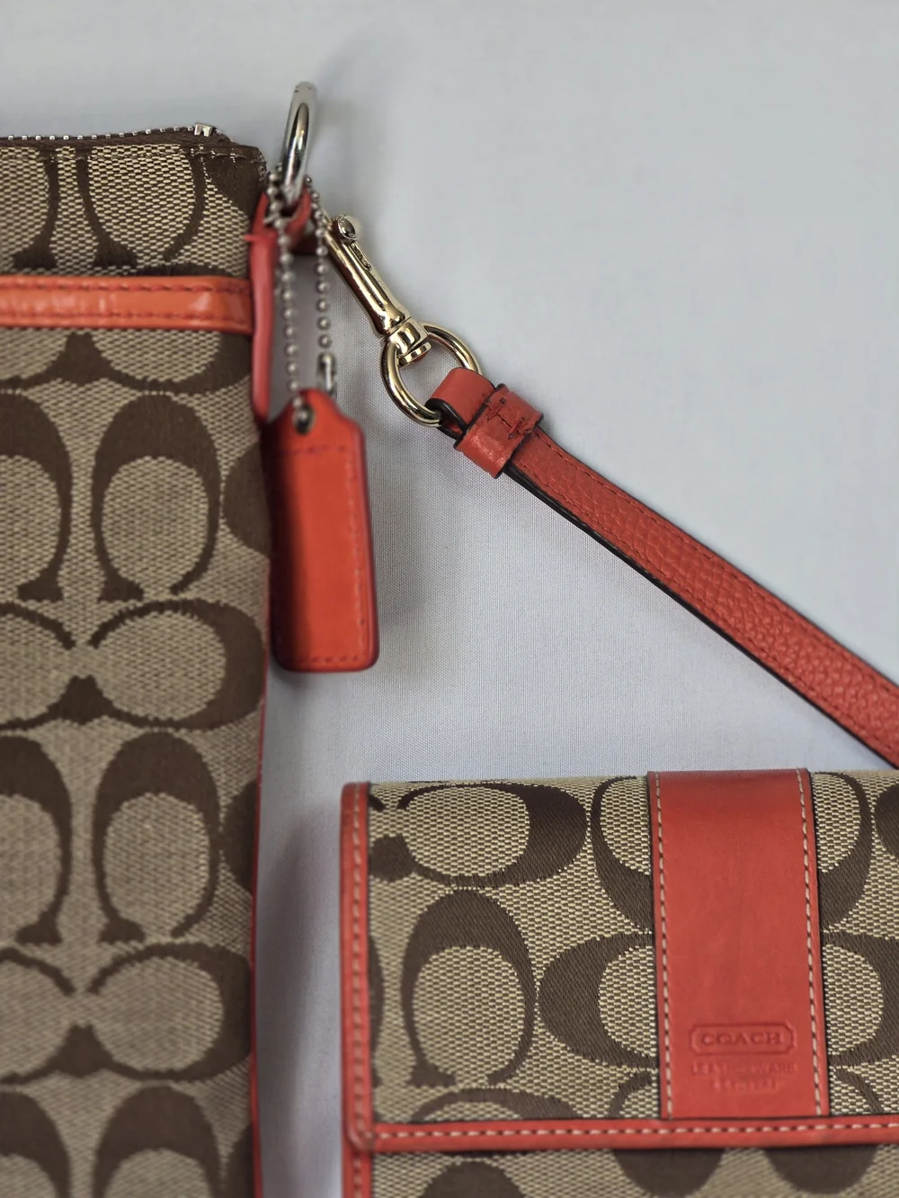 Coach Brown Signature Canvas Crossbody with Coral Trim and Matching Wallet